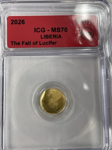 2026 1/1000th Liberia Fall of Lucifer 1 Dollar Gold 0.999 ICG MS70 KM#24