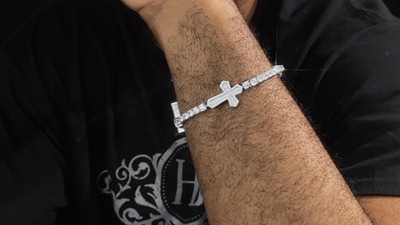 Real Solid 925 Silver Iced CZ Cross Shape Tennis Bracelet Mens