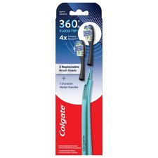 Colgate 360 Floss Tip Replaceable Head Toothbrush Starter Kit, 2 Brush Heads