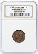 France - 1847 Louis-Philippe I Pattern 2 Centimes - NGC AU58 - RARE ISSUE!