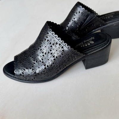 Spring Step Lea Black Leather Mule Laser Cut Open Toe Slip On EU Sz 40 | US Sz 9
