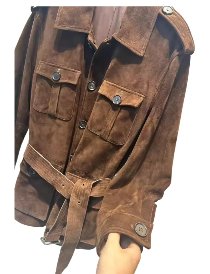Женская коричневая куртка-сафари 100% натуральная замша кожа универсальное полевое подпоясанное пальто - Изображение 2 из 4
