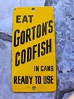 VINTAGE EAT GORTON'S CODFISH DOOR PALM PUSH PORCELAIN SIGN 8"×4"