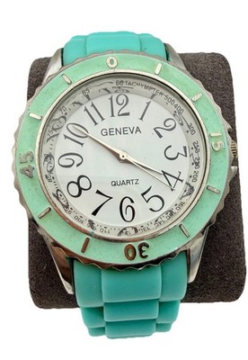 GENEVA TEAL JEWELED ROUND DIAL SILICONE BAND WATCH New Battery
