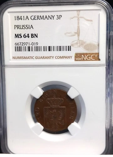 GERMANY PRUSSIA 1841A 3 PFENNIG MS 64 BN NGC