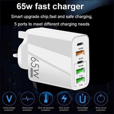 65W Quick Charger UK Plug Fast Wall Charger Power Adapter 5 Port USB-C PD Type C