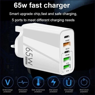 65W Quick Charger UK Plug Fast Wall Charger Power Adapter 5 Port USB-C PD Type C