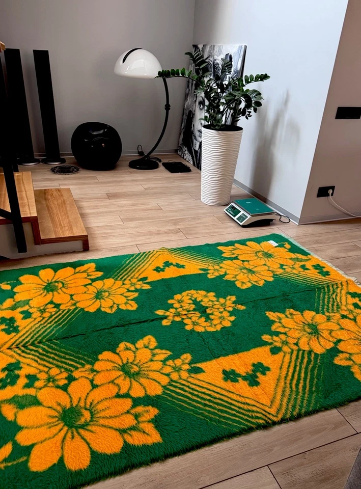 Manta CHORI Japonesa Vintage 150x220cm Verde Naranja Floral Acrílico Años 70 ... - Imagen 1 de 4