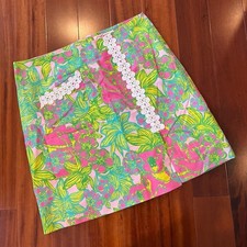 Vintage Lilly Pulitzer Skirt Pink Green Mini Floral Lace Trim Tropical Size 2