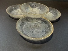 Vintage MCM Jeanette Glass Nut Dishes /Coasters Gold Trim Harp Pattern Set of 4
