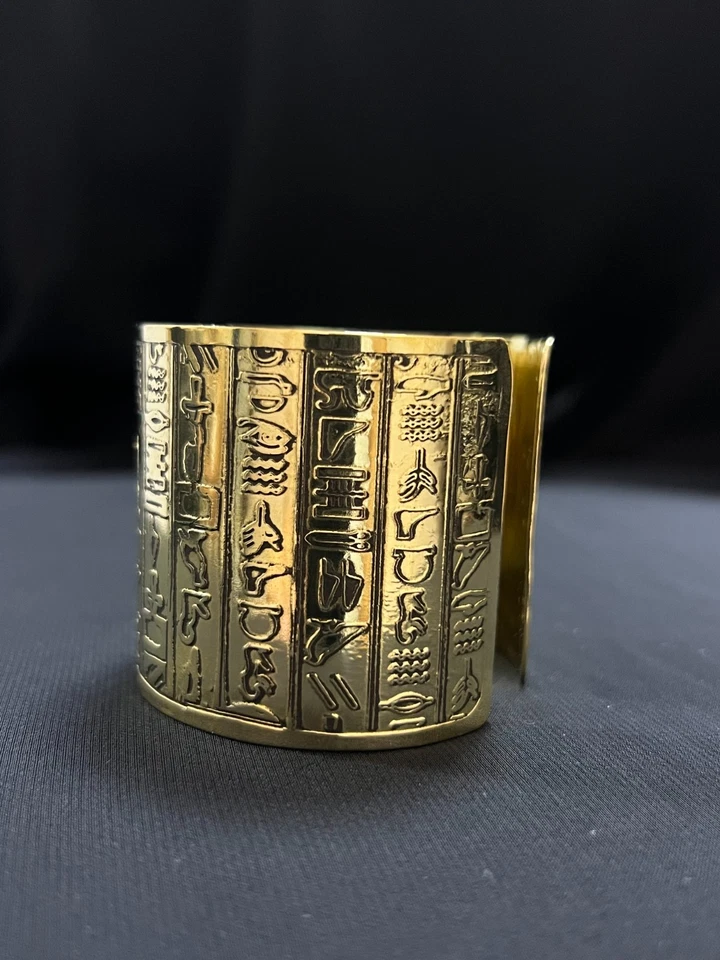 Gold Egyptian Hieroglyphic Cuff Bracelet | Wide Pharaoh-Inspired Bangle - Image 3 of 4