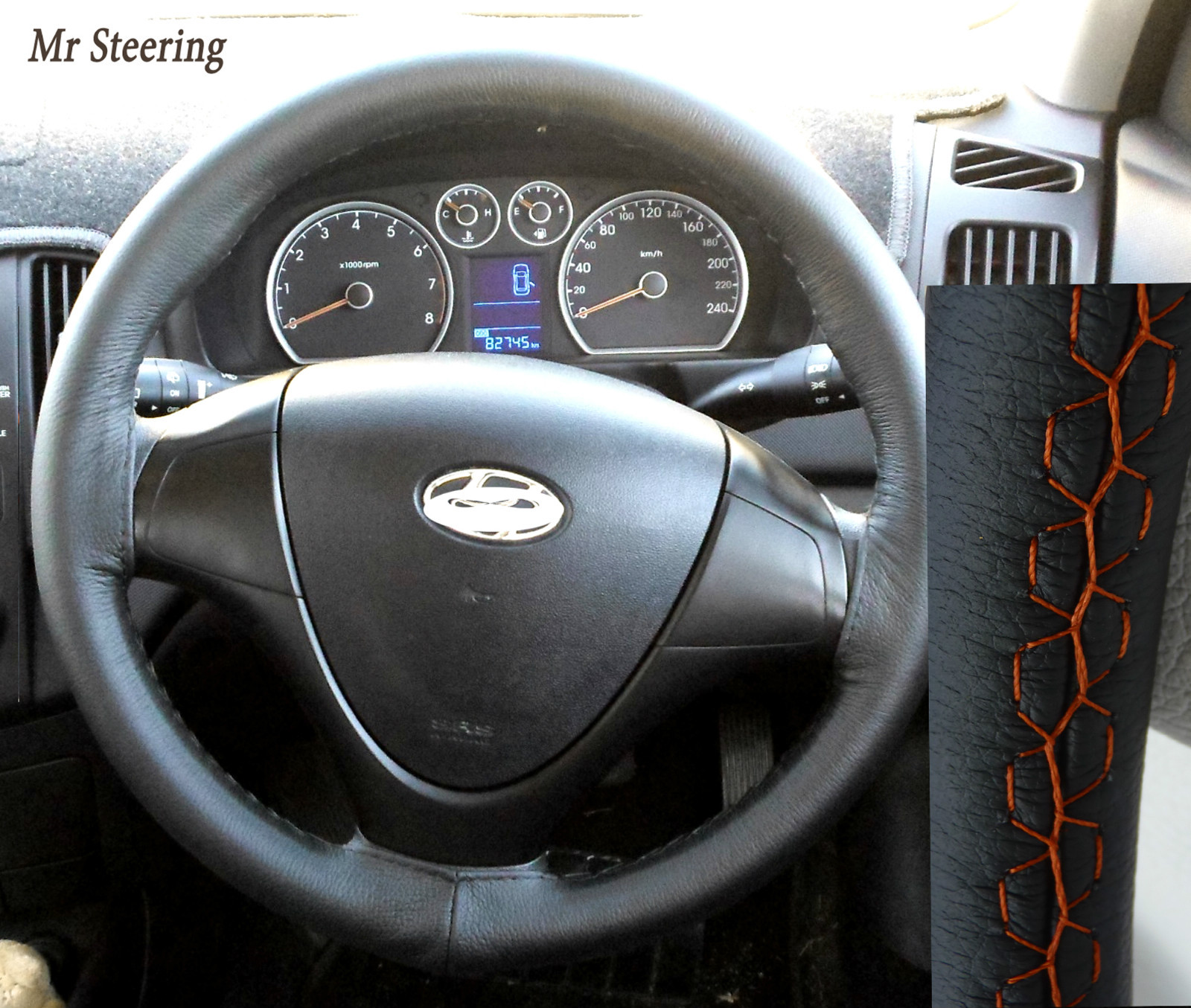 FOR HYUNDAI i30 (0711) REAL BLACK LEATHER STEERING WHEEL COVER ORANGE