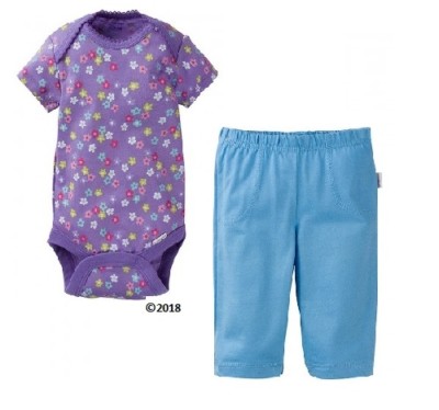 Gerber Baby Girl 2-Piece Purple Flower Onesies & Blue Pants Set Size 12M