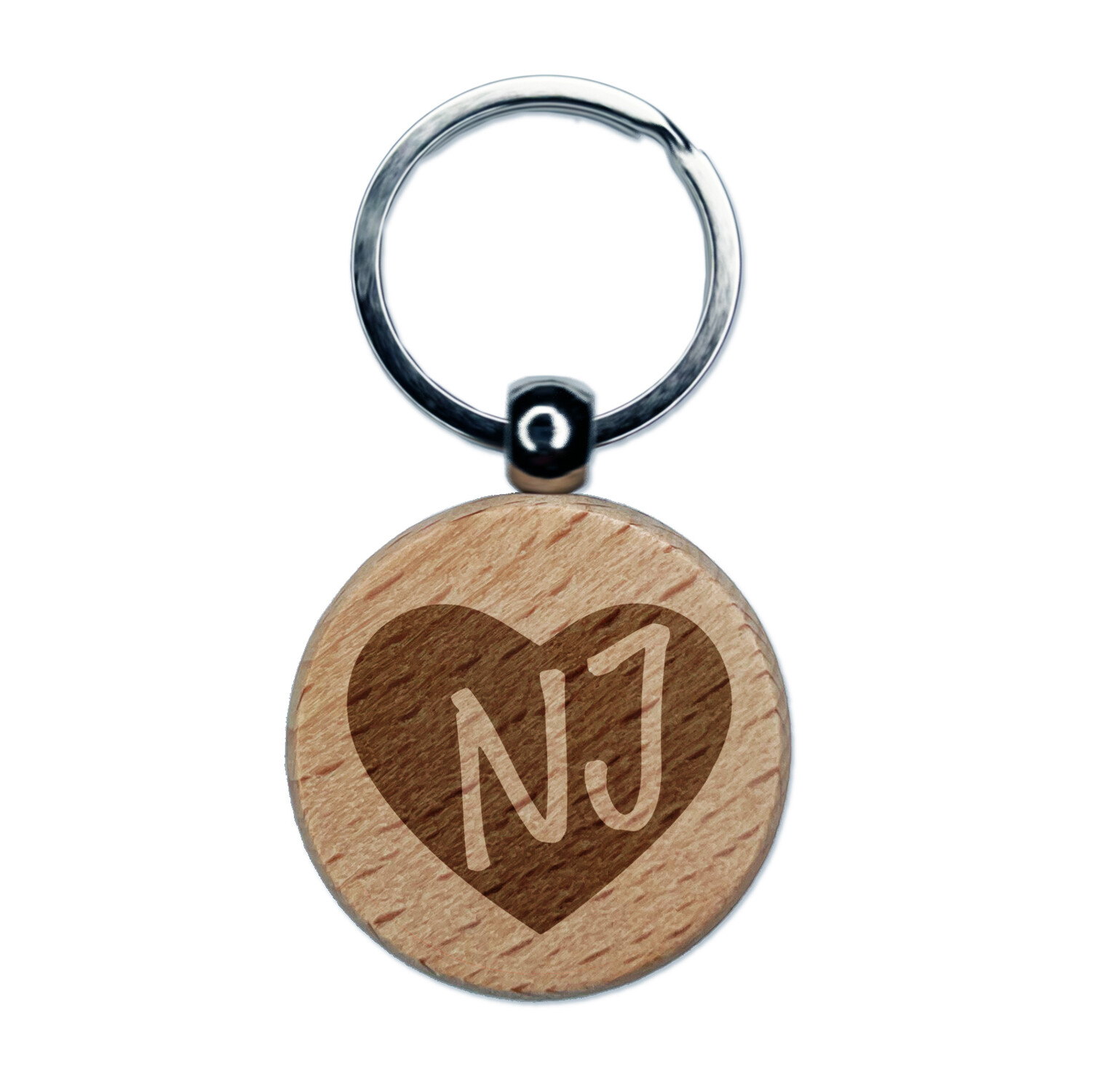 NJ New Jersey State in Heart Engraved Wood Round Keychain Tag Charm