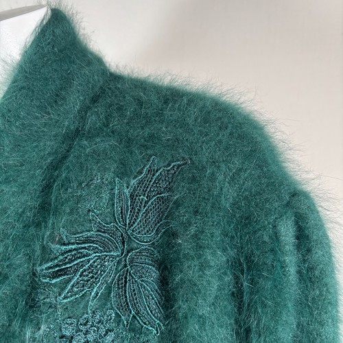 Cappotto maglione 80% angora fuzzy vintage VENESHA verde foresta aperto davanti 50 nel busto - Foto 7 di 10