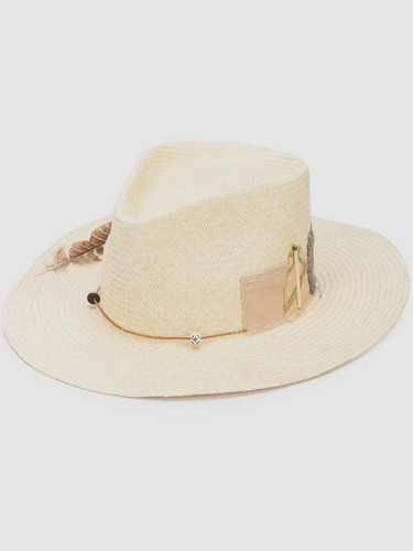 Beige Patchwork Beaded Feather Hat 