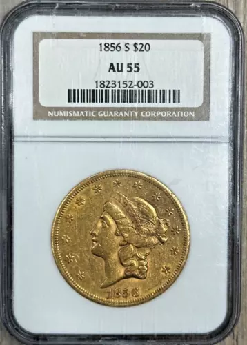 1856 S $20 Liberty Gold Double Eagle NGC AU-55 Type 1, Nice Early SF Date Gold