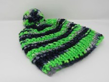 Handcrafted Knitted Hat Seahawks Pom Pom 100% Merino Wool Unisex Kids 4-6