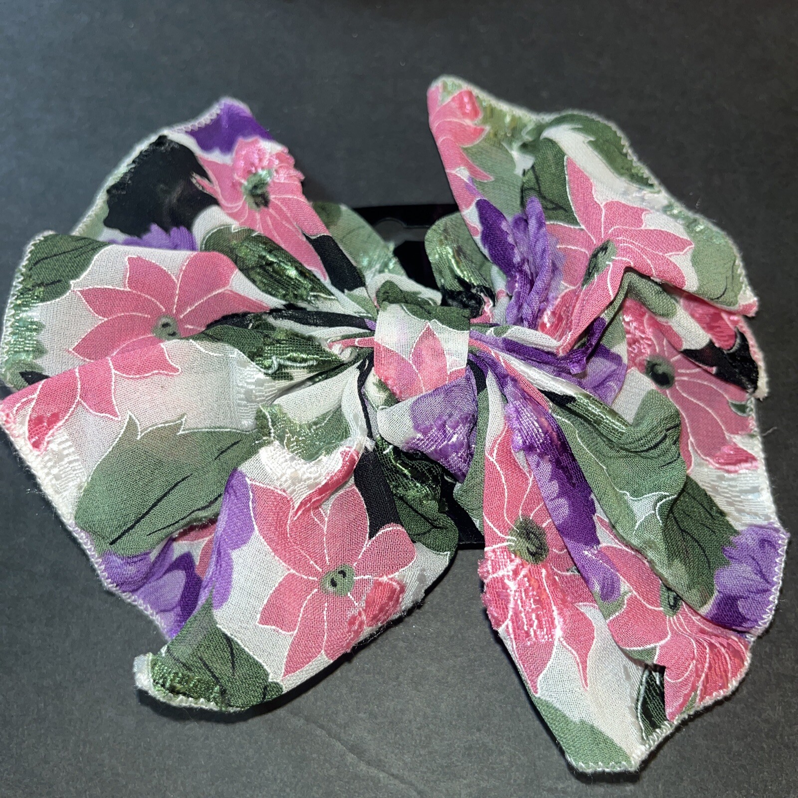 VTG 90s Scarf Floral Print Ribbon Floppy Bow Barrette Hair Clip Silky Pink Y2K