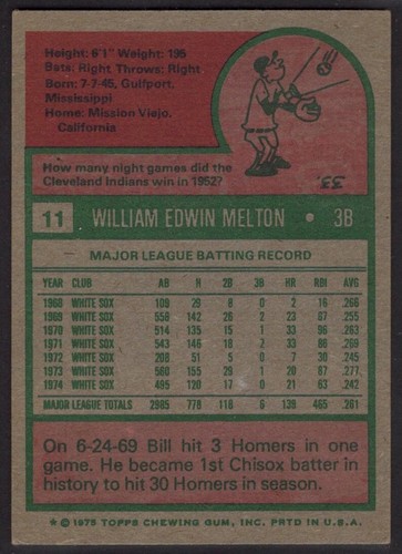 1975 Topps Baseball Card #11 Bill Melton Chicago White Sox EX *eb - Picture 2 of 2