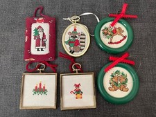 Vintage Needlepoint Cross Stitch Santa Bear Candle Christmas Ornament Lot of 6