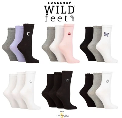 SOCKSHOP WILD FEET Women's Socks Embroidered Frill Top Cotton Mid Length 3 Pairs- SOCKSHOP Wildfeet