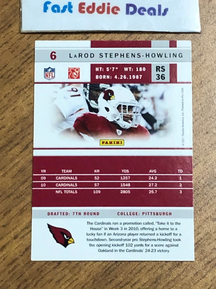 SCORE NFL FOOTBALL 2011 LAROD STEPHENS HOWLING CARD 6 ARIZONA CARDINAL EXCELLENT - Image 2 of 2