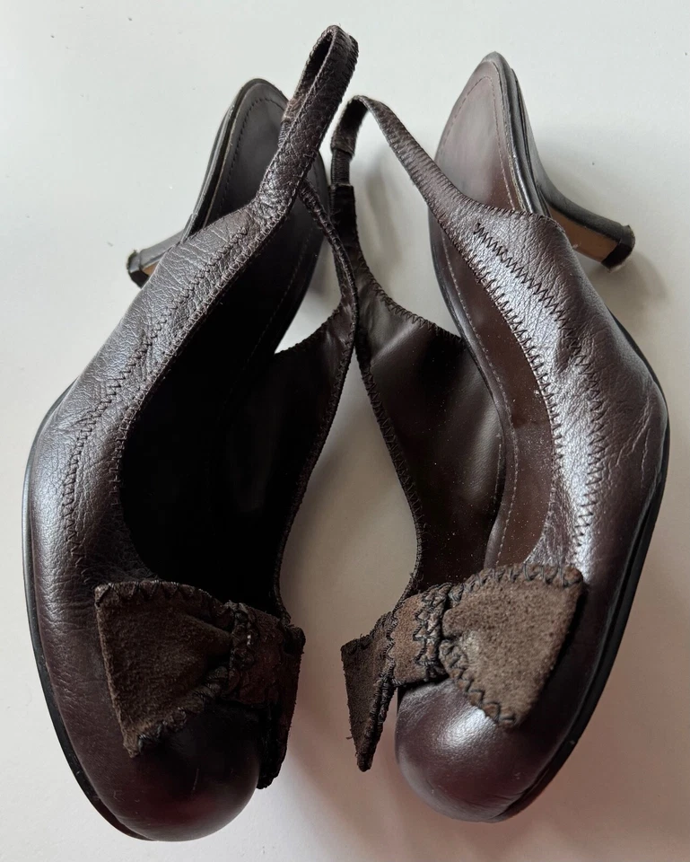 Ann Marino Sling Back Round Toe Bow Leather Slip On Heels Womens Shoes Brown 9M - Image 2 of 4