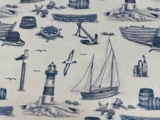 Salcombe Boats Toile Fabric COTTON BLUE  WHITE Curtain Blind Upholstery Material