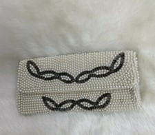 Vintage Faux White Pearls Pewter Glass Bead Envelope Purse