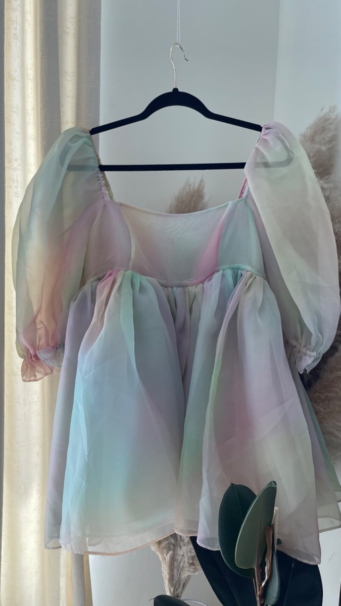 selkie rainbow sequin dress Selkie Sheer Bandeau Puff Dress, Rainbow Color, XS Size, 100% Polyester Organza, Female