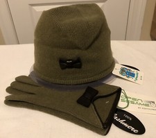 NWT PORTOLANO 100 Cashmere Olive Green Beanie and Gloves set One Size