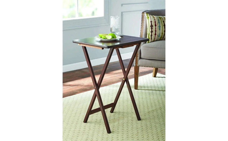 Indoor Folding Tray Table Set of 2, Walnut, Solid Rubberwood, 19" X 14.5" X 26" - Image 3 of 4