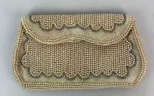 Vtg 50s Beaded Evening Clutch Purse Japan Faux Pearl Satin Lined Button Damage
