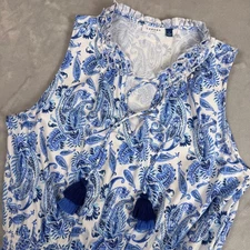 Cabana Life Paisley Print Ruffle Neck Tassel Dress Women Large Blue White