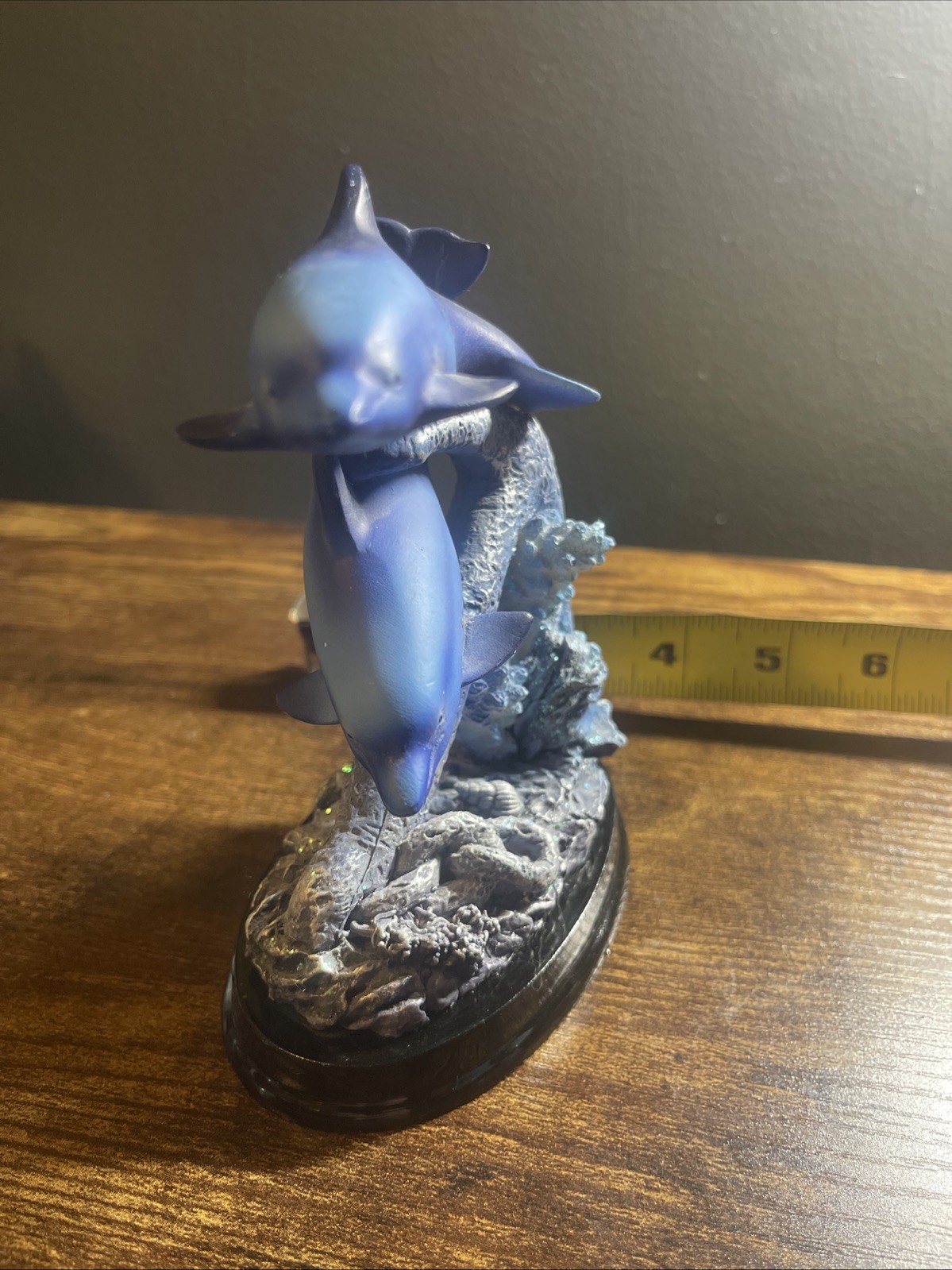 Blue Dolphins Figure Swimming Around Coral Statue Sea Life Figurine Decor