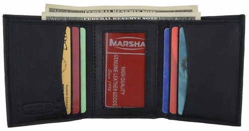 Real LAMBSKIN LEATHER BLACK ID MEN's WINDOW THIN PLAIN TRIFOLD WALLET NEW NWT