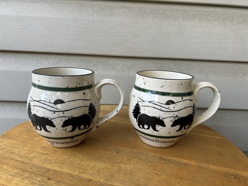 Pennsylvania Black Bear Large Speckle Ceramic Bubble Mugs Rustic 20oz Set Of 2