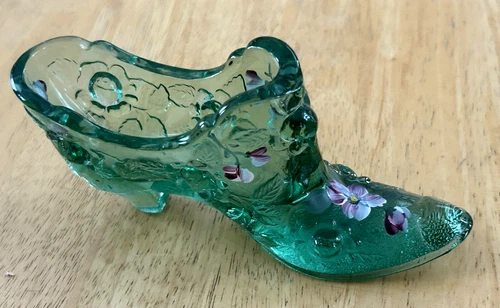 Vintage Fenton Glass Shoe Hand Painted Green Cabbage Rose Signed