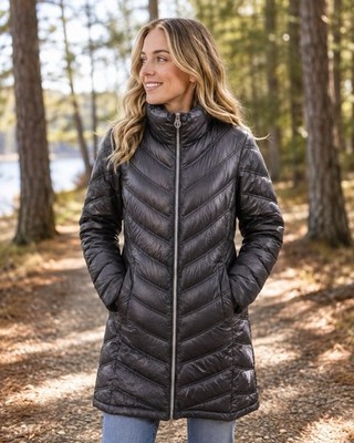 Calvin Klein Packable Down Puffer Coat Black Long Jacket Womens Small Zip Small