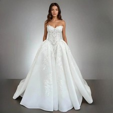 White Strapless Sweetheart Lace Satin Ball Gown Sheer Bodice Wedding Dresses