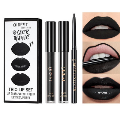 3 Stück Schwarz Matt Flüssiger Lippenstift,Lipliner,Lipgloss Trio Lippen Set Lan