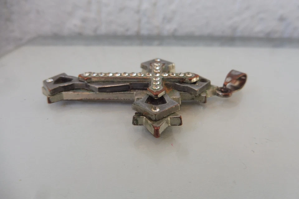 Schöner ,alter Anhänger , Kreuz , Kruzifix , Kupfer versilbert , mit Steinen - Bild 2 von 4