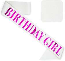 'Birthday Girl' Sash Glitter with Pink Foil - White Glitter Happy Birthday Sash