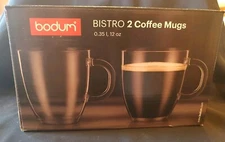 Set Of 2 Bodum Bistro Glass Coffee Mugs, New In Box 12oz.