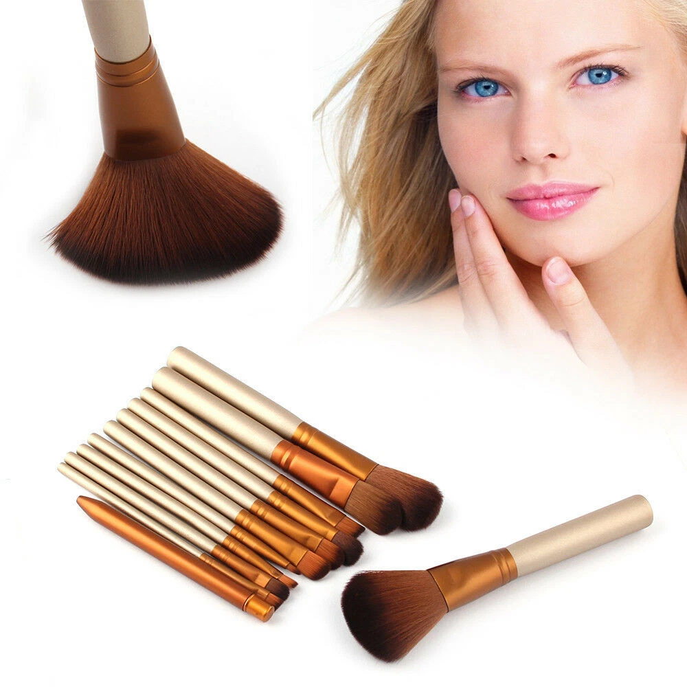 12Pcs Make Up Brushes Tool Makeup Foundation Blusher Brown Gold New 100Set Hot