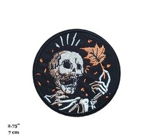 Spooky Skeleton Fall Autumn Leaf Halloween Black Round Embroidered Iron On Patch