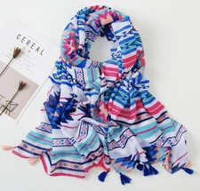 Blue White Summer Spring Scarf w/ Tassels Women Head Wraps Shawls Long Stole