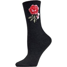 NEW MeMoi Women Embroidered Rose Path Black Floral Above Ankle Crew Socks