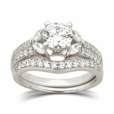 Sterling Silver Marquise  Round-cut Cubic Zirconia Bridal Wedding Ring Set